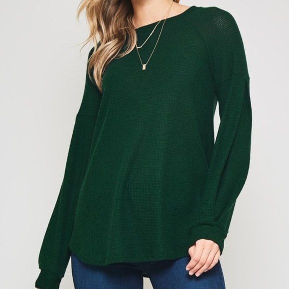 Waffle Knit Hunter Green Long-Sleeved Top - Picture 3 of 4